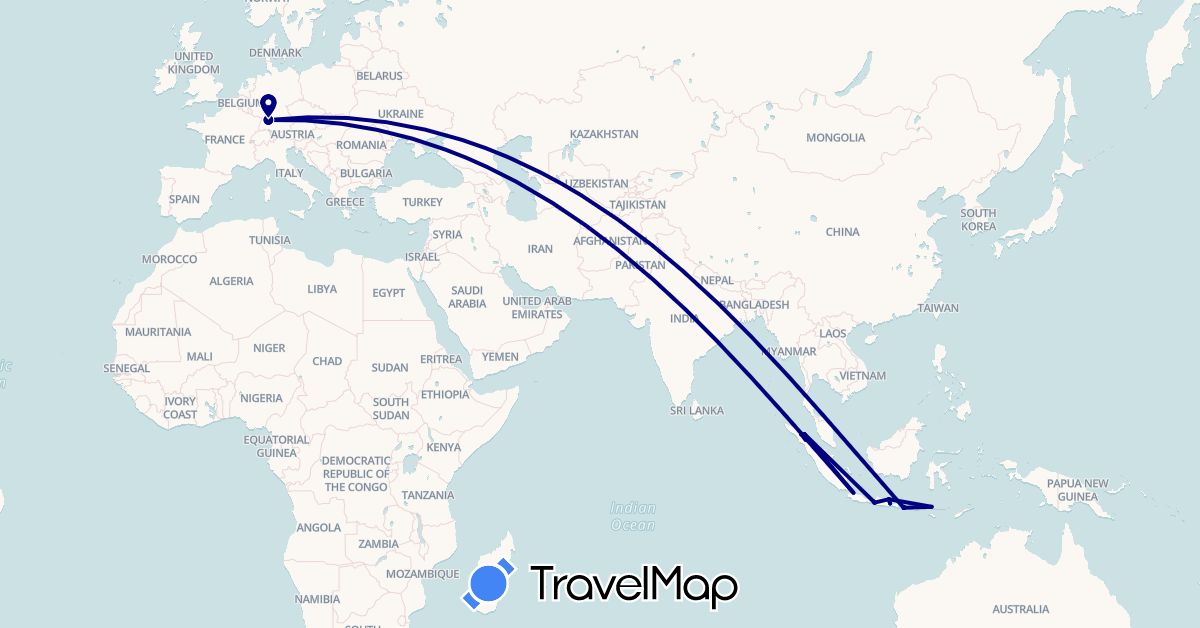 TravelMap itinerary: driving in Germany, Indonesia (Asia, Europe)